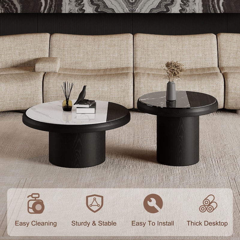 31.5" Modern Round Coffee Table,Set of 2, Black Solid Wood Texture, Faux Marble Table top