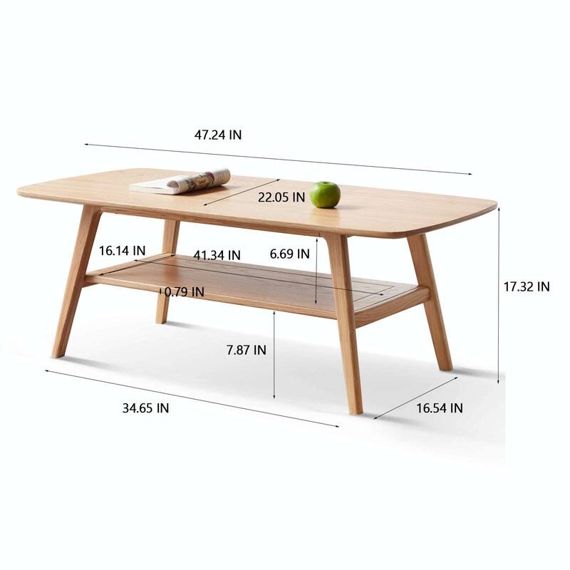 Natural Solid Wood Coffee table with storage shelf