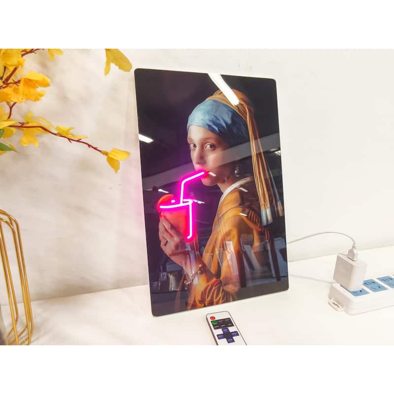 Neon Style LED Wall Art - Girl with a Pearl Earring Acrylic Print with Lighted Drink Effect