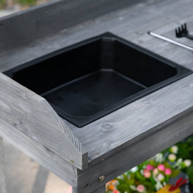 Wooden Potting Bench Work Table with 2 Detachable Wheels & Removable Sink, Outdoor Garden Workstation Table