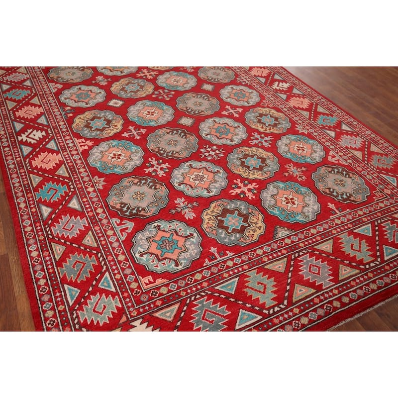 All-Over Red Geometric Kazak Area Rug Handmade Wool Carpet - 6'5" x 9'9"
