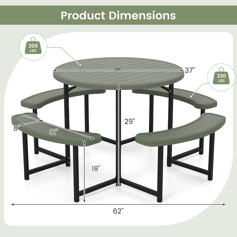 HDPE Round Picnic Table Set with 4 Benches and Umbrella Hole Perfect for Patio or Balcony