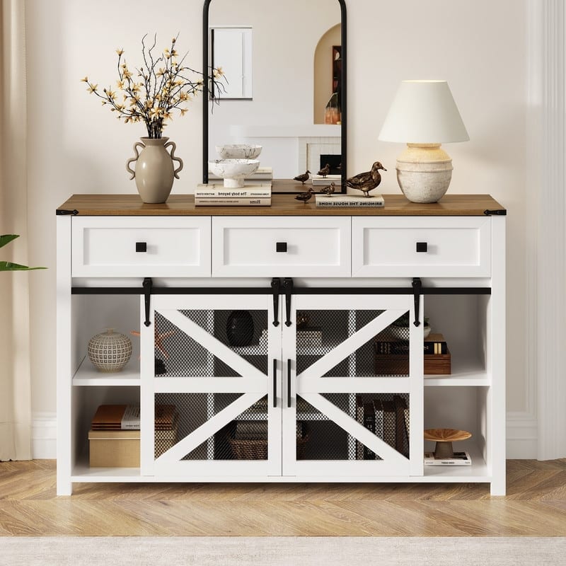 Farmhouse 55" Sideboard with 2 Sliding Barn Doors and 3 Drawers for Stylish Home Storage Solution - White