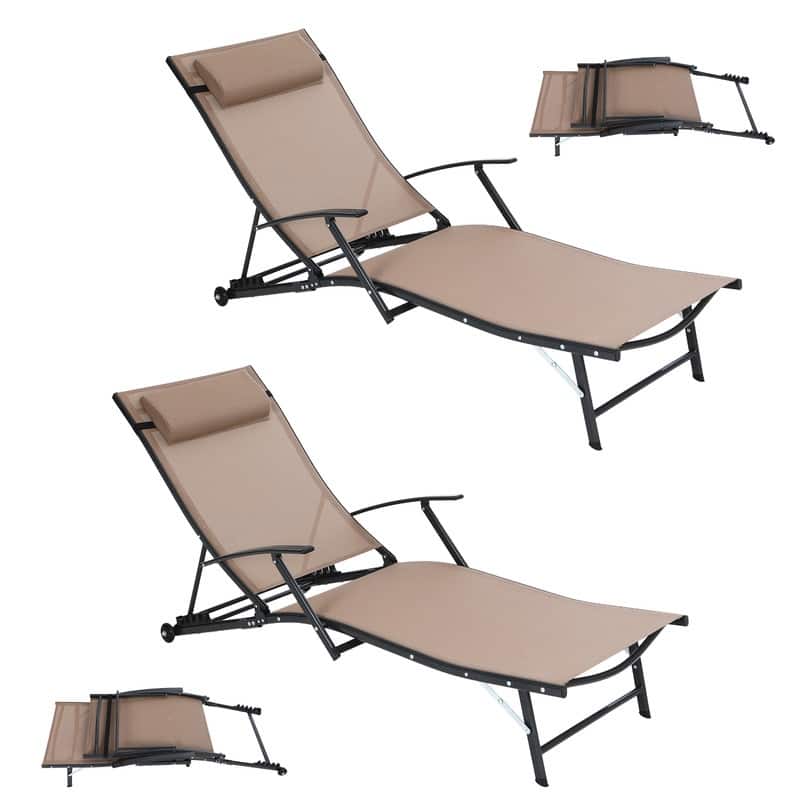 Patio Chaise Lounge Chair with Wheels, 5-Position Recliner with Armrests for Poolside, Beach, Backyard, or Patio - Beige 2-Pack