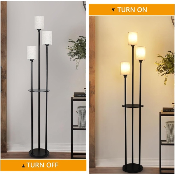 3 Light Floor Lamp with Shelves Pedal Switch Fabric Shades Industrial Design E26 UL Socket 66.1 Tall Black Beige Brown Black