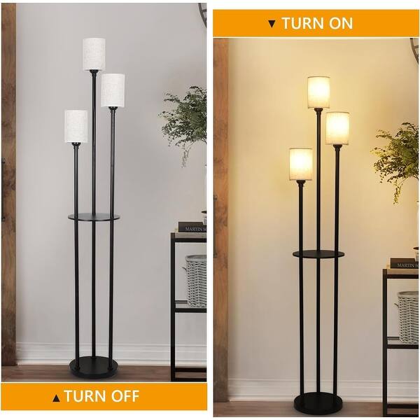 Floor Lamp with Shelves, 3-Lights Standing Lamp with Linen Shade