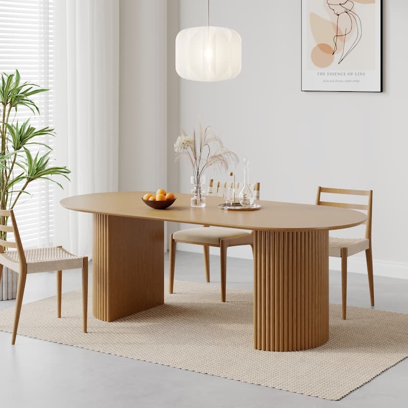 Modern Oval Wooden Dining Table - 79" Large Size, Sturdy Fluted Base, Natural Oak Finish for Dining Room