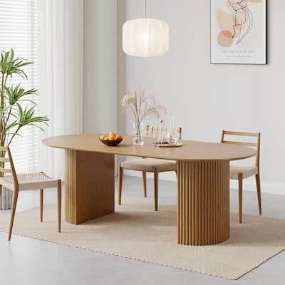 Modern Oval Wooden Dining Table - 79" Large Size, Sturdy Fluted Base, Natural Oak Finish for Dining Room