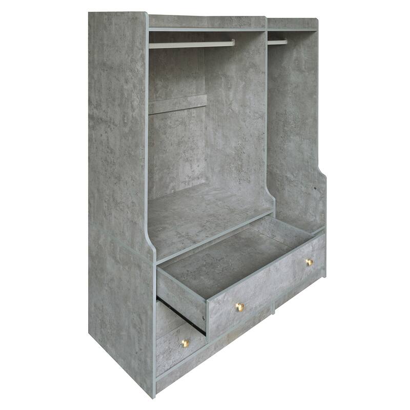 Wooden Open Wardrobe Storage Clothes Storage Cabinet with Dual Hanging Rods and Five Shelves Armoire for Bedroom