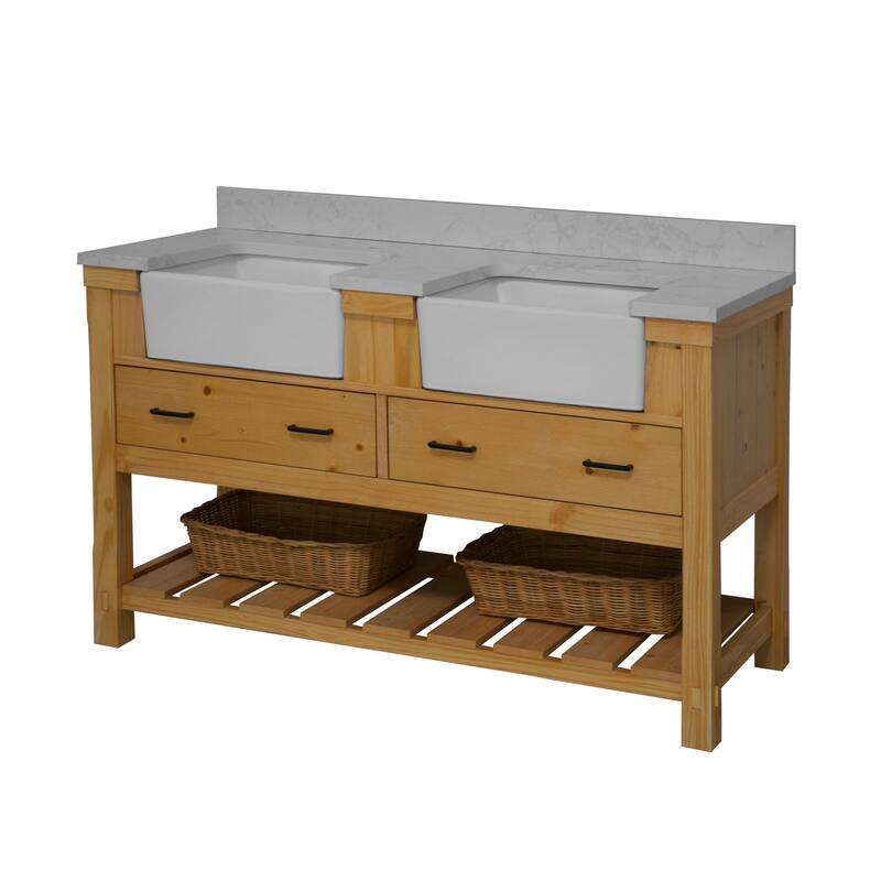 KitchenBathCollection Charlotte 60" Double Farmhouse Bathroom Vanity with Engineered Carrara Top