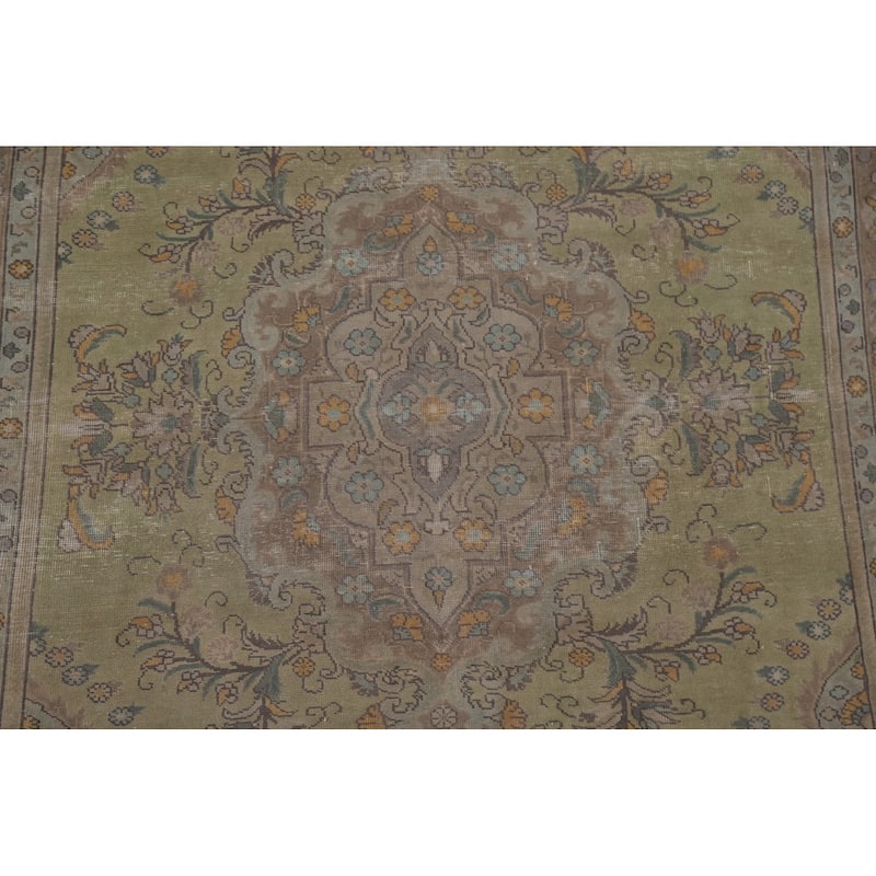 Green Distressed Tabriz Persian Antique Area Rug Handmade Wool Carpet - 6'6" x 9'8"