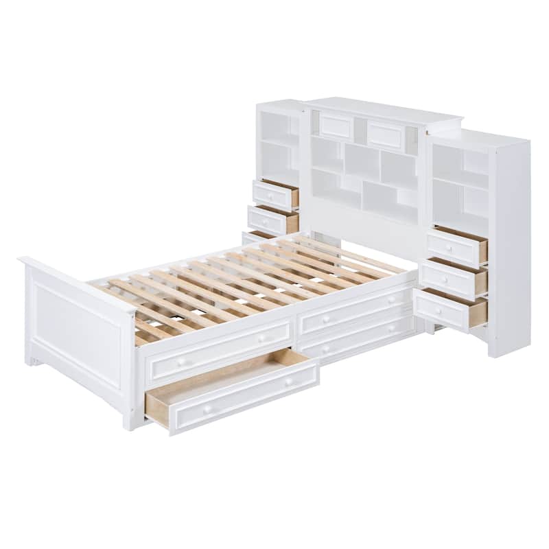 Twin Size White Wood Platform Bed with Vertical Cabinet and 8 Drawers