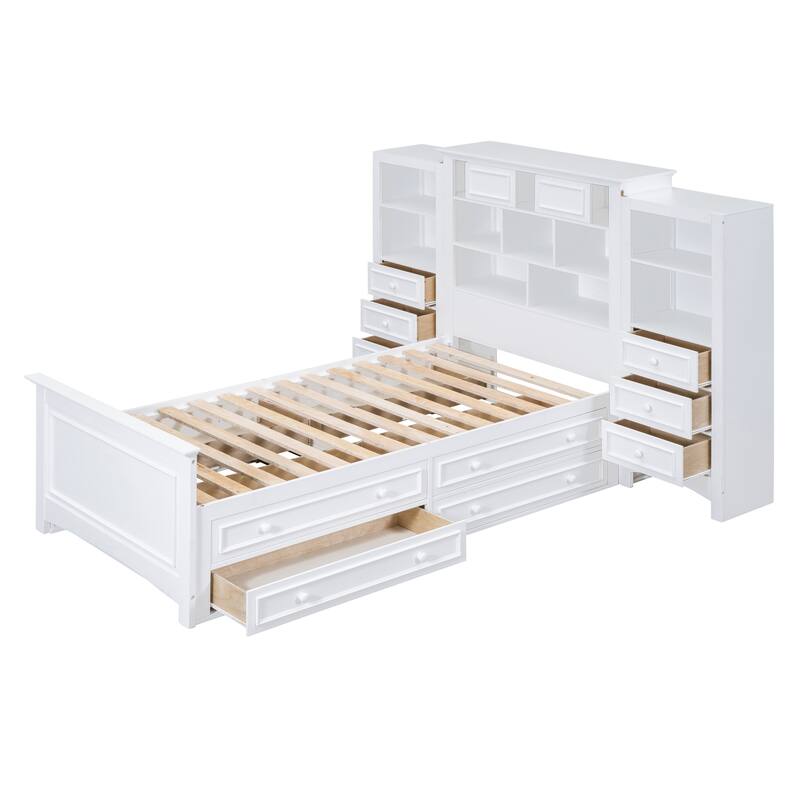 White Twin Size Wood Platform Bed with Vertical All-in-One Cabinet and 4 Drawers on each side