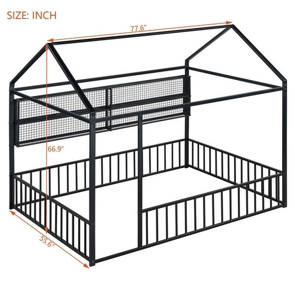 dimension image slide 1 of 4, Metal House Bed with Metal Grid and Storage Shelves, Twin/Full Size Floor Montessori Bed with Roof Frame and Fence Guardrails