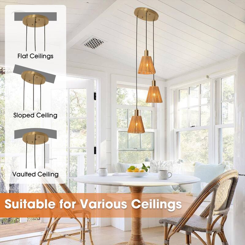 15" W Brass 3-Light Kitchen Island Pendant Light with Paper Rope Shades