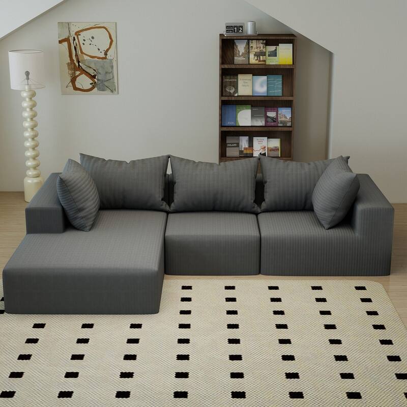Velvet Sectional Sofa with 5 Pillows Modular L-Shape Sofa - Grey