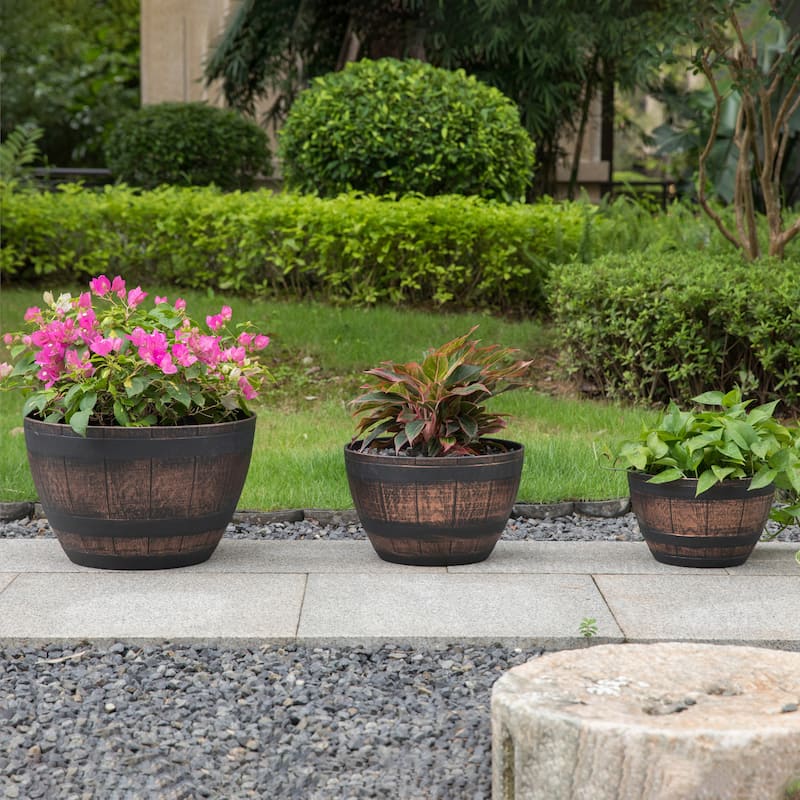 Brown Outdoor Rustic Half Barrel Flower Garden Planter Bowl, Plastic