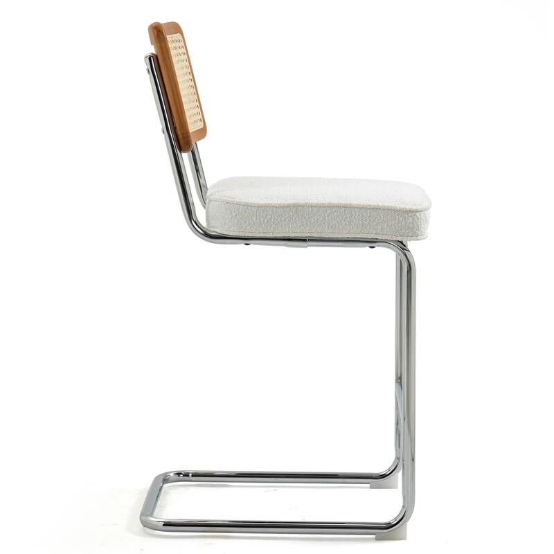 Set of 2 Ayers White Fabric Counter Stool with Rattan Backrest and Chrome Legs
