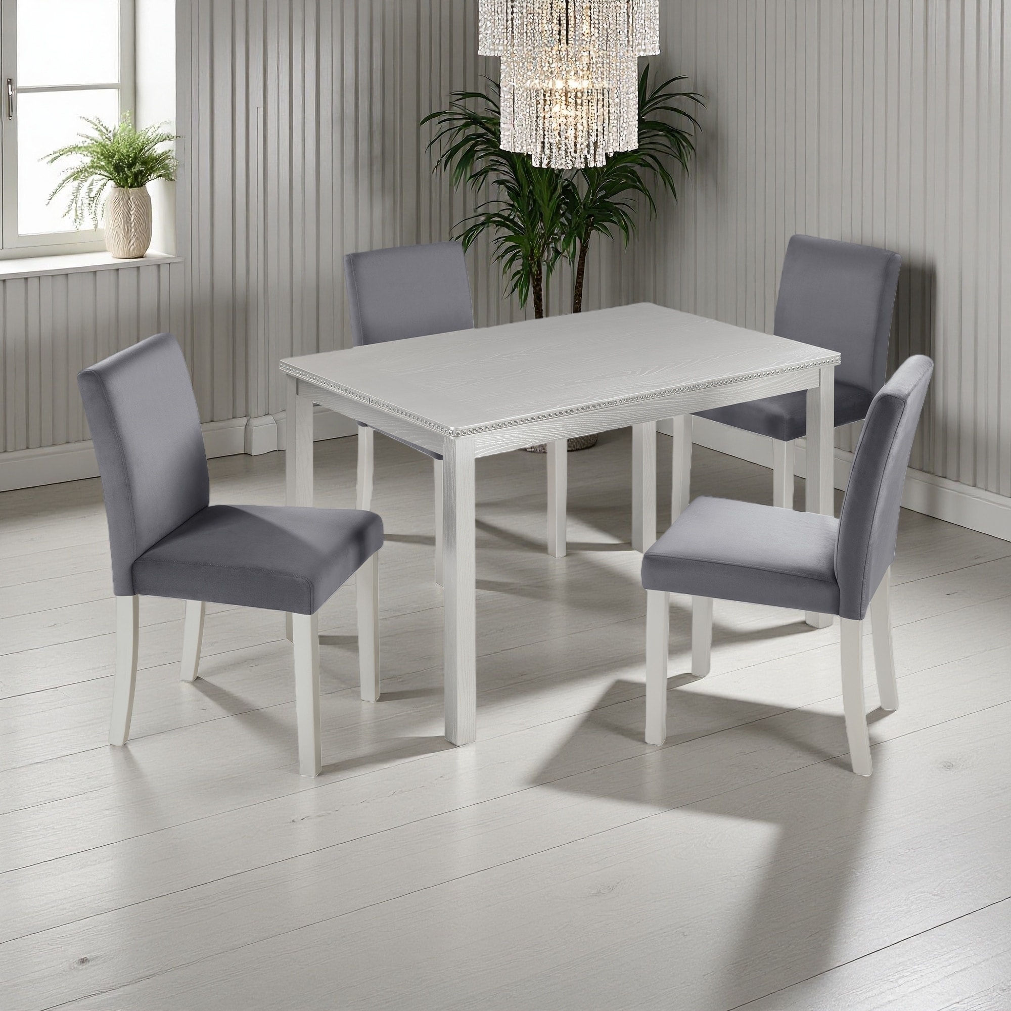 5-Piece Wooden Dining Table Set, Rectangular Kitchen Table with 4 Upholstered Chairs, Dining Room Table with Crystal Decoration