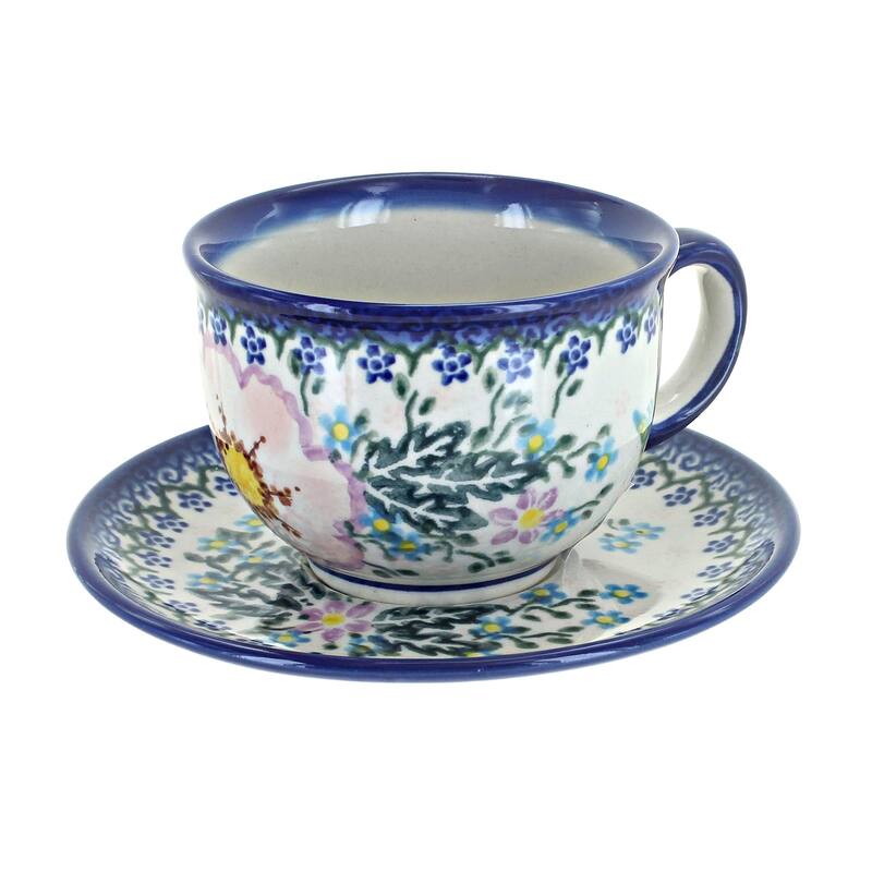 Blue Rose Polish Pottery 33 Vena Cup & Saucer