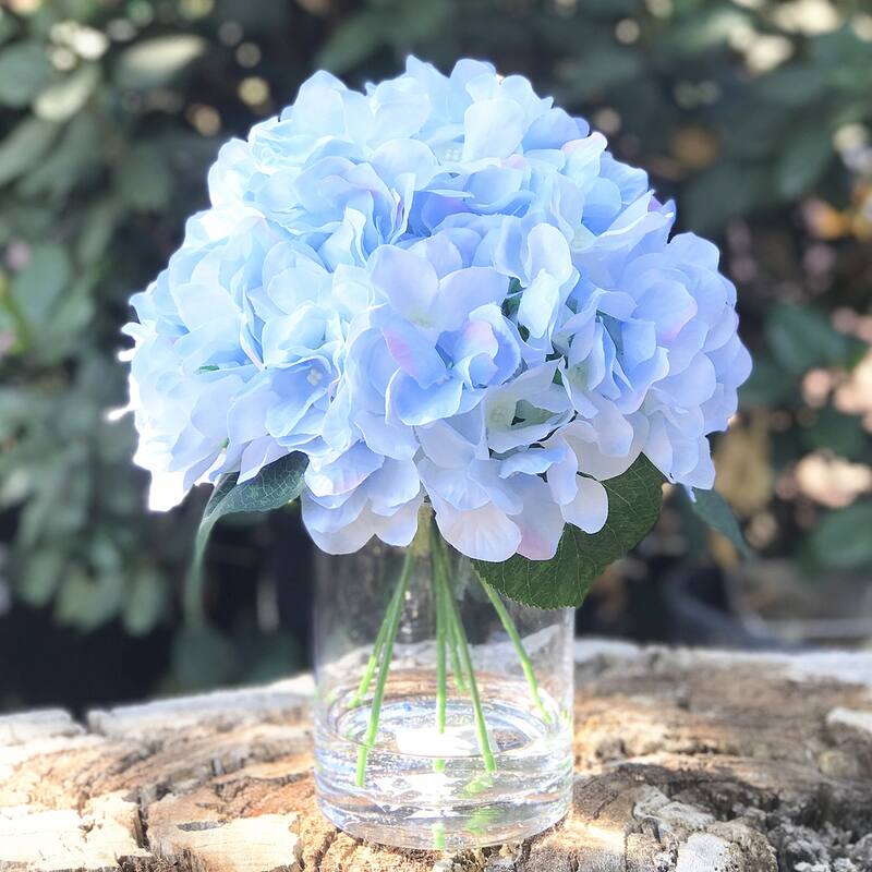Enova Home Artificial Hydrangea Fake Silk Flowers Arrangement in Glass Vase with Faux Water For Home Office Decoration