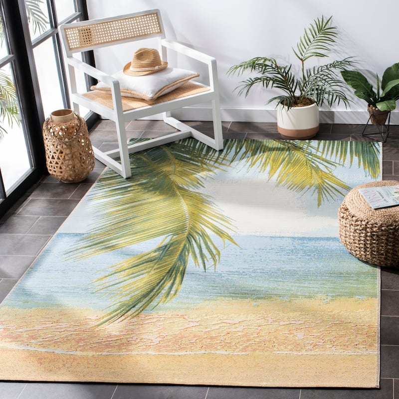 SAFAVIEH Barbados Egzona Tropical Indoor/ Outdoor Waterproof Patio Backyard Rug - Gold/Blue - 4' x 6'