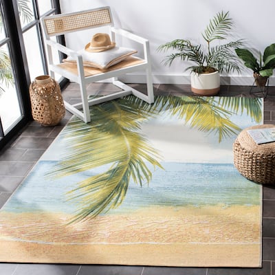 SAFAVIEH Barbados Egzona Tropical Indoor/ Outdoor Waterproof Patio Backyard Rug - Gold/Blue - 4' x 6'
