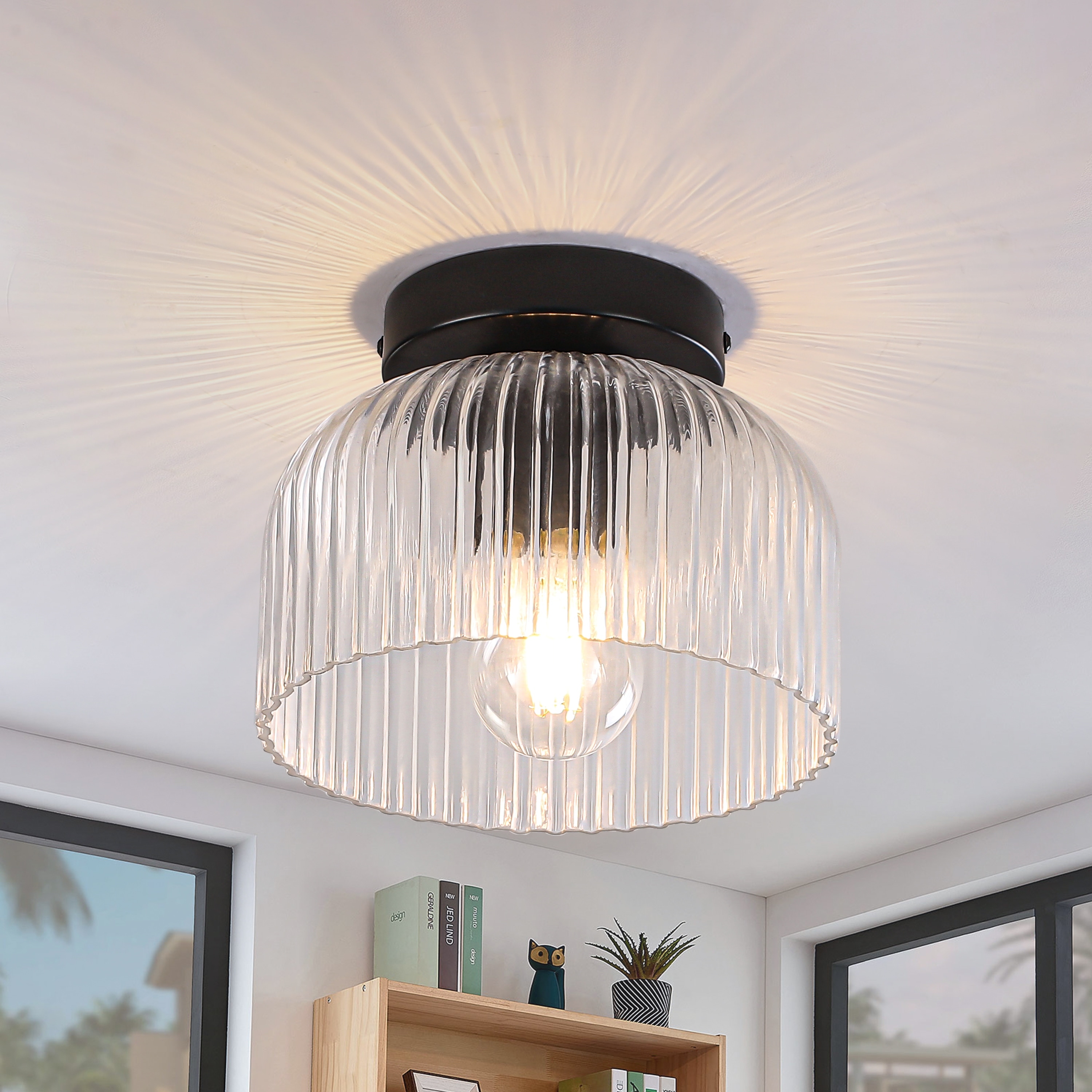 Modern Ribbed Glass 1-Light Flush Mount Ceiling Light with E26 Socket - 7.76 Wide
