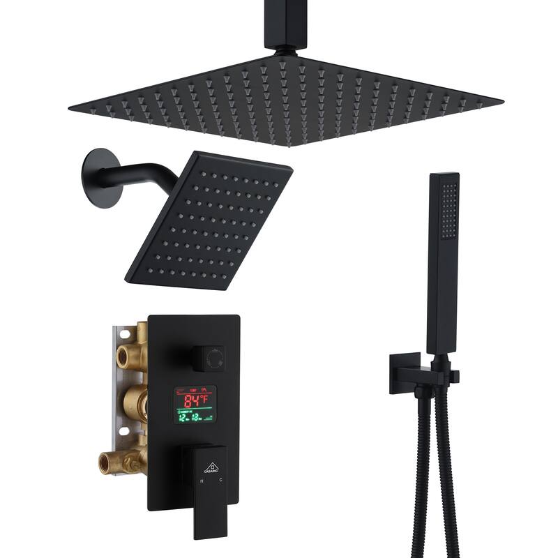 CASAINC Dual Heads 12 Inch Ceiling Mounted Square Shower Head Shower System with Handheld Shower Digital Display Shower