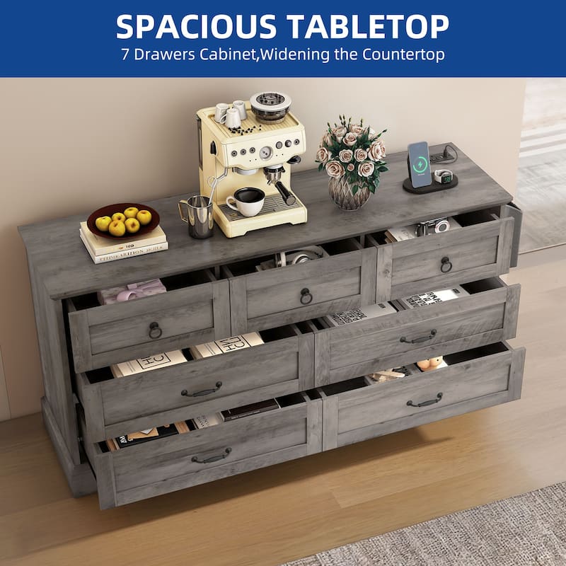 Moasis Farmhouse 59" 6 Drawer/7 Drawers Dresser Chest of Drawers Storage Organizer For Bedroom