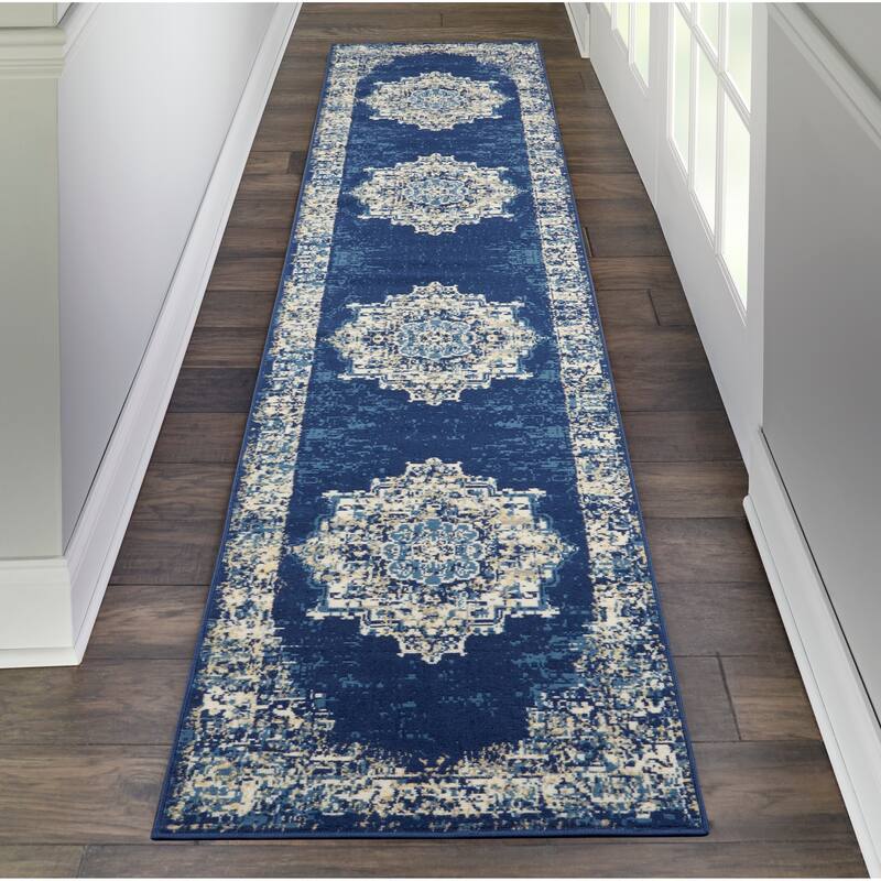 Nourison Grafix Distressed Vintage Medallion Area Rug - 2'3" x 12' Runner - Navy Blue