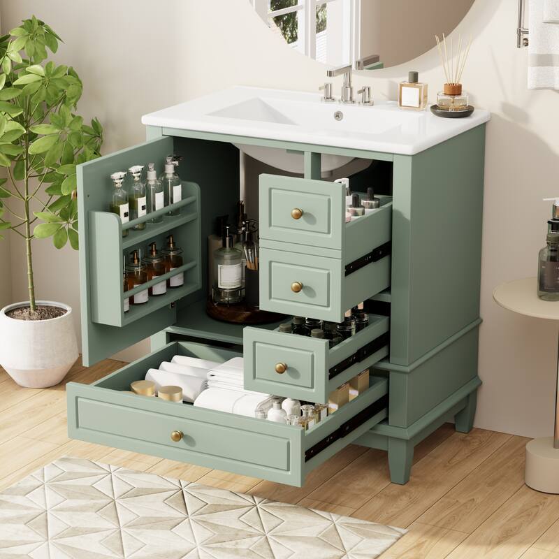 30" Bath Vanity with Sink - 3 Drawers, Door Shelf & Soft-Close Mechanism - Green