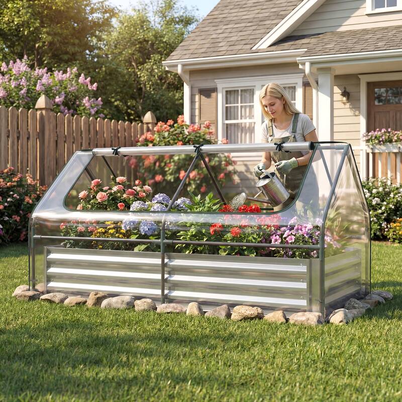 Gymax Galvanized Steel Raised Garden Bed Metal Planter Box Kit w/ Mini
