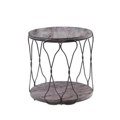 Round Industrial Style Metal and Solid Wood End Table with Open Bottom Shelf - 24 H x 24 W x 24 L Inches