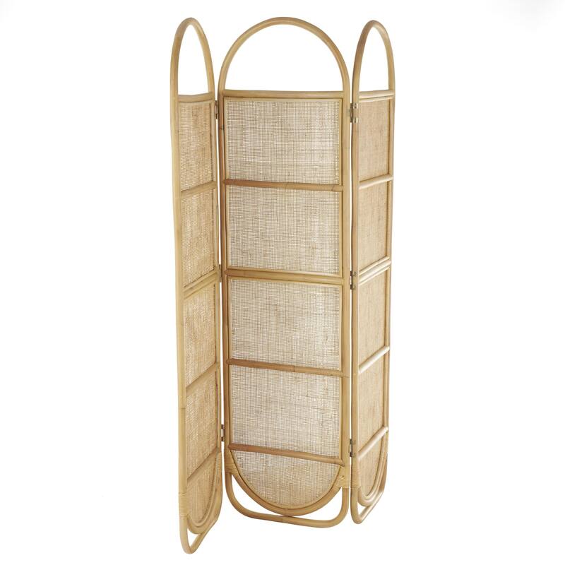 Rattan Geometric Woven Arched Oval 3 Panel Partition Room Divider Screen - Light Brown - Roche River Decor - 17"W x 51"L x 71"H