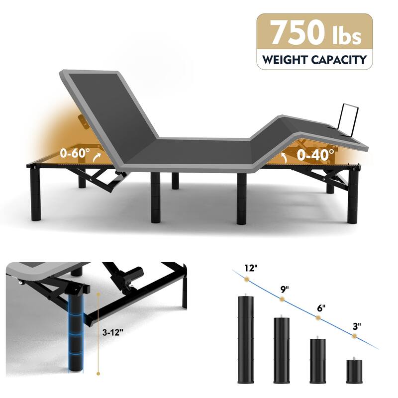 Twin XL Adjustable Bed Frame with Massage, USB Ports, LED Light & Height-Adjustable Legs
