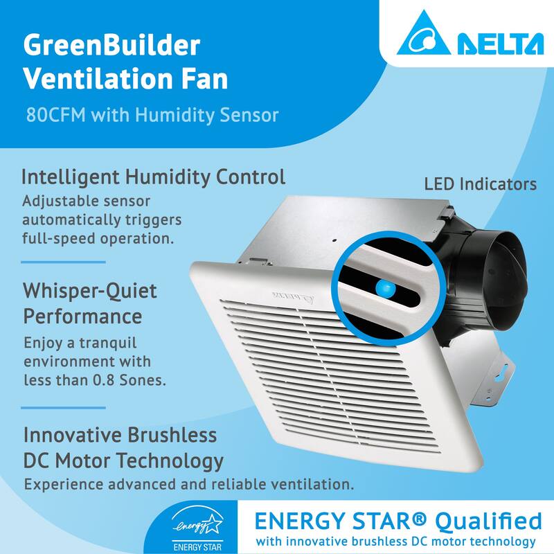 Delta Breez GreenBuilder Ventilation Bath Fan 80CFM with Humidity Sensor, White - 7