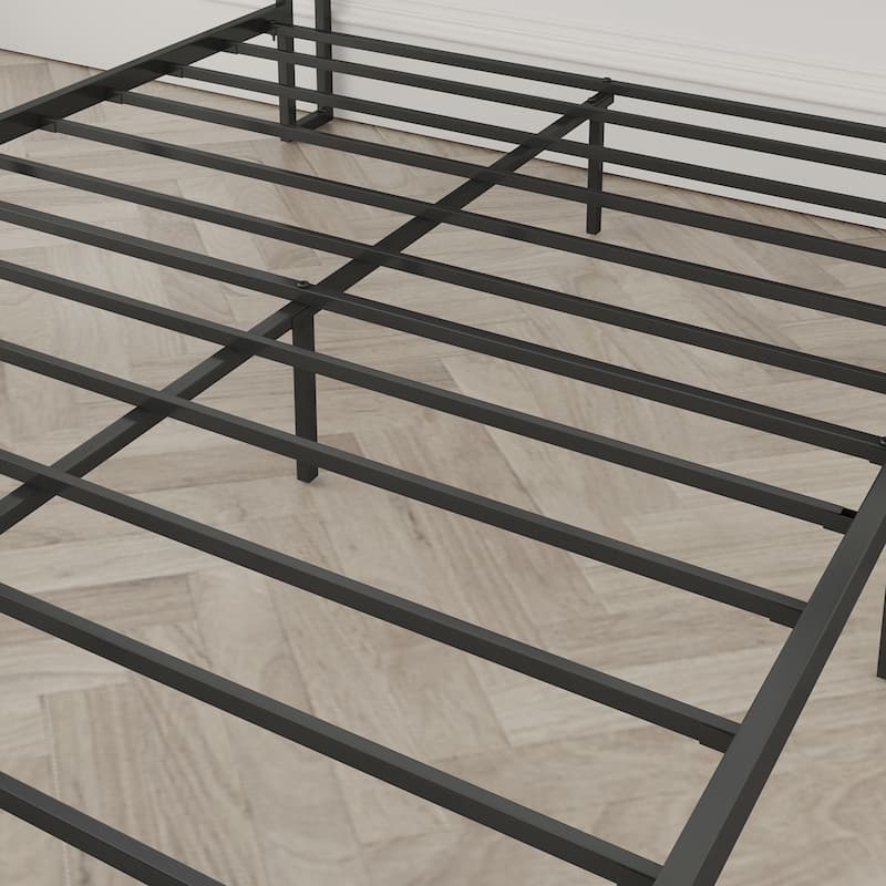 Full Size American Design Metal Platform Bed with Charging Station and Upholstered Headboard