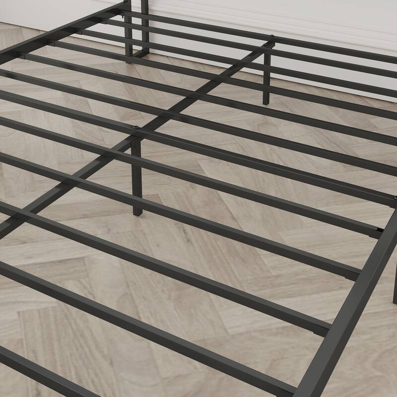 Queen Bed Frame with Charging Station, Upholstered Headboard, Metal Platform, Grey