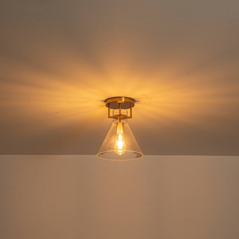 9.8" 1-Light Mid-Century Modern Brushed Brass Semi-Flush Mount Ceiling Light with Clear Cone Glass Shade for Hallway or Bedroom