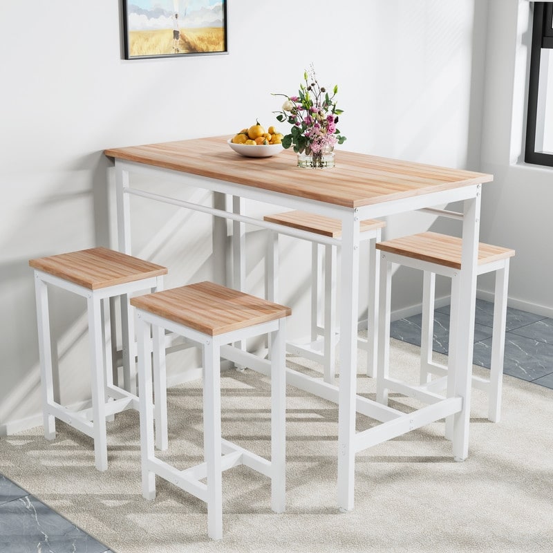 5-Piece Modern Kitchen Restaurant Bar Counter Table & Chair Set, Made of Metal Frame & MDF, with 1 Dining Table and 4 Bar Stools