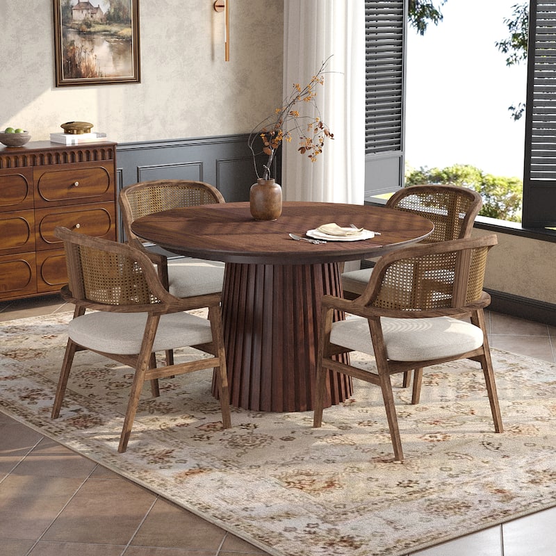 Christopher Knight Home - Mid-Century Modern Upholstered Cane Back Dining Chairs with Rubberwood Frame - Set of 4 - Beige+Walnut