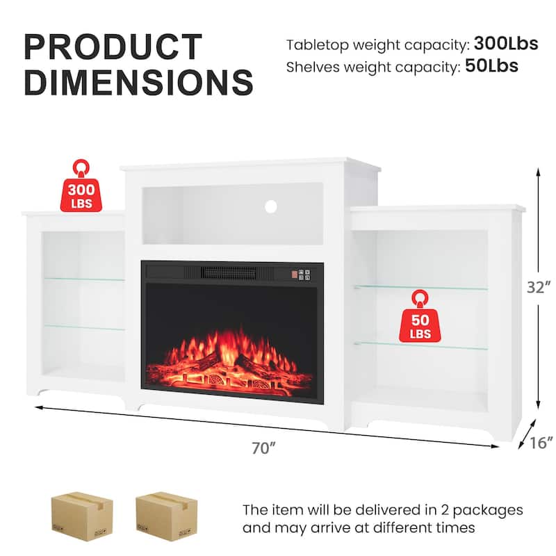 32" H Fireplace TV Stand, 55/70 Inch Media Console for TVs up to 80", Remote, Storage & LED Lights