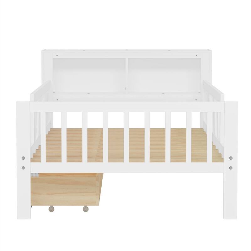 Twin Size Platform Bed with Storage Headboard and 2 Under-Bed Drawers, Wooden Bed Frame with Guardrails and Slats Support