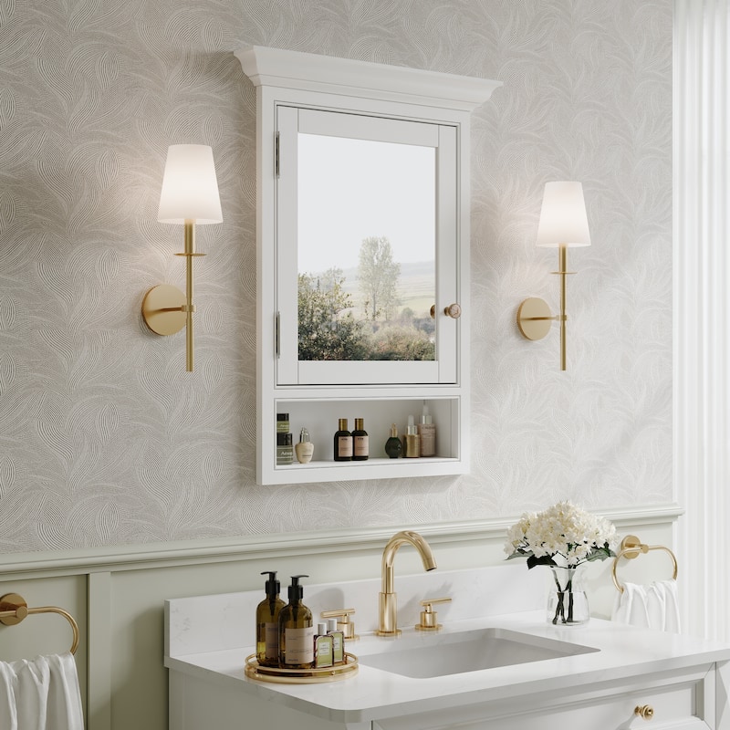 24"W x 32"H Recessed Wall-Mounted Solid Wood Medicine Cabinet with Adjustable Glass Shelves and Bottom Storage Shelf