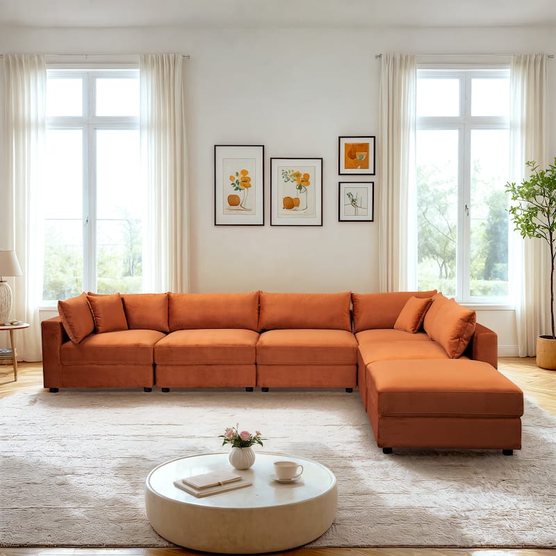 Bennett Mid-Century Modern Velvet Upholstered Modular Sectional Sofa - Burnt Orange Velvet
