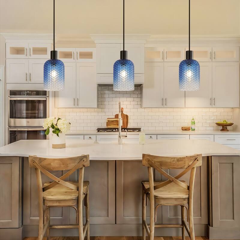 1/3-Light Modern Glam Bell-Shaped Adjustable Island Pendant Light with Clear/Blue/Amber Textured Glass