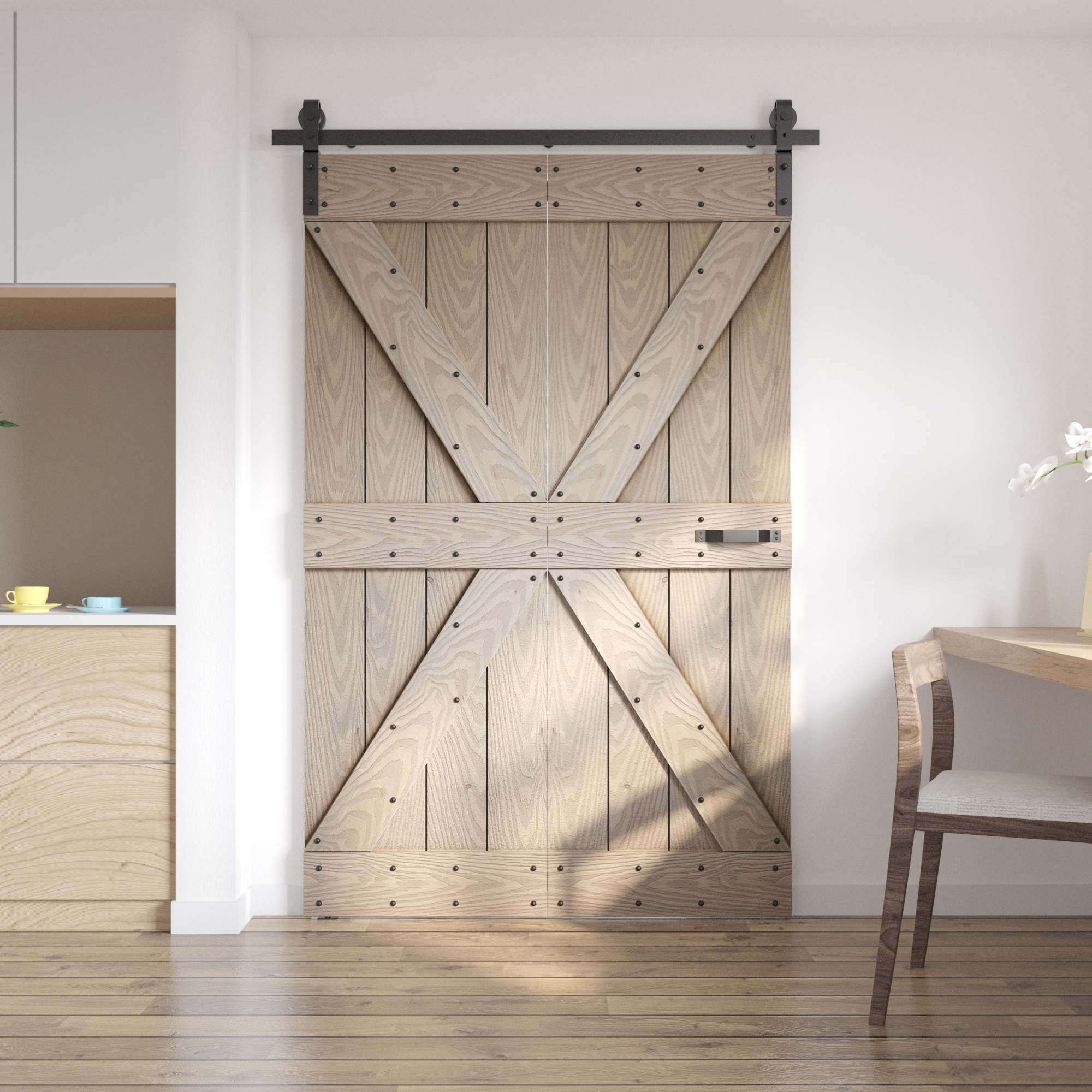 Coast Sequoia 30in./36in./48in. x 80in. Embossing Pine Wood Bi-Fold Barn Door With Sliding Hardware Kit