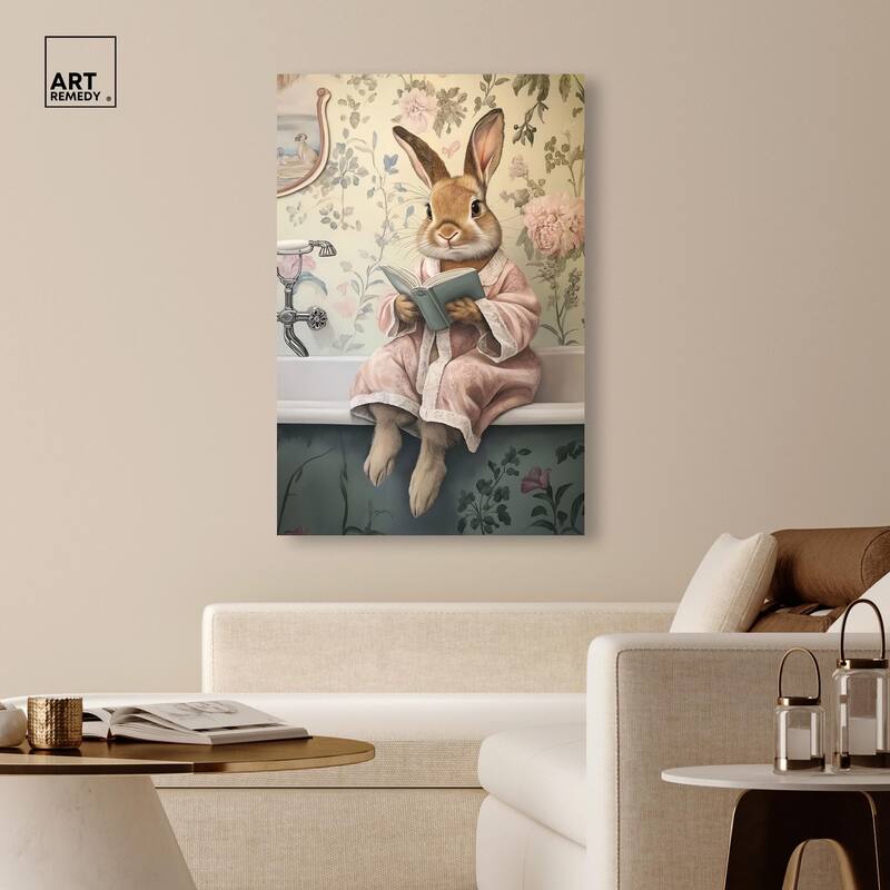 Bunny Bibliophile Bathing Canvas by Art Remedy, Gallery Wrapped