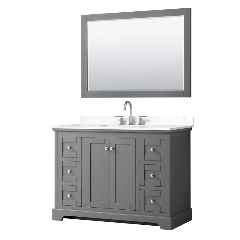 Avery 48-inch Single Vanity, Quartz Top, 46-inch Mirror - Dark Gray, Chrome Trim, Giotto Quartz Top
